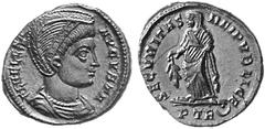 ANCIENT COINS ROMAN COINS IMPERIAL COINAGE HELENA, his mother, † 328 No.: 779 Estimation: $ 150.- d=18 mm Nummus, Treveri, about 326. AE 3.16 g. FL HELENA - AVGVSTA Draped, diademed bust r. Rev. SECVR