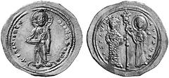ANCIENT COINS BYZANTINE COINS THEODORA, 1055-1056 No.: 815 Estimation: $ 1000.- d=23 mm Histamenon. AV 4.38 g. +IhS XIS DCX RCNANTIhm Christ, nimbate facing, standing on square souppedion, holding Boo