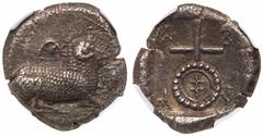 Ancient Greek Coins Cyprus, Salamis. Uncertain king. Silver Stater (10.79 g), ca. 445-411 BC. 'Euelthontos' (Cypriot) around, Ram recumbent right; above, pellet-in-crescent. Reverse: Large ornate ankh
