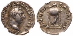 Roman Imperial Coinage Vitellius. Silver Denarius (3.32 g), AD 69. Rome. A VITELLIVS GERM IMP TR P, laureate head of Vitellius right. Reverse: XV VIR SACR FAC, tripod with covered vessel; below, raven