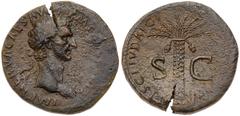Roman Imperial Coinage Nerva. Æ Sestertius (25.40 g), AD 96-98. Rome, AD 97. IMP NERVA CAES AVG P M T[R P COS III] P P, laureate head of Nerva right. Reverse: FISCI IVDAICI [CALVMNIA SVBL]ATA, S C acr