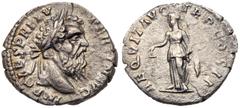 Roman Imperial Coinage Pertinax. Silver Denarius (2.96 g), AD 193. Rome. IMP CAES P HELV PERTIN AVG, laureate head of Pertinax right. Reverse: AEQVIT AVG TR P COS II, Aequitas standing facing, head le