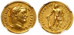 Roman Imperial Coinage Maximianus. Gold Aureus (5.35 g), first reign, AD 286-305. Treveri, AD 303. MAXIMIA-NVS P F AVG, laureate head of Maximianus right. Reverse: HERCVLI CONSER AVG ET CAESS NN, Herc