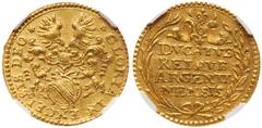 Strasbourg - City (French - Alsace) Strasbourg. City. Gold Ducat (1650). Helmeted arms with lion supporters. Rev. Four line inscription within wreath (Fr 237; KM 424) In NGC holder graded MS 62. Value