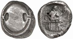 GREEK COINS BOEOTIA THEBES. Stater, about 450-440 BC. AR 11.28 g. Boeotian shield. Rev. [ΘΕ]ΒΑ Female figure (Harmonia?), wearing long chiton and peplos, seated r. on diphros, legs crossed, l. foot re