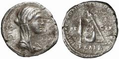 ROMAN COINS ROMAN EMPIRE Restored denarius of P. Sulpicius Galba, about 107. AR 2.60 g. SC Veiled head of Vesta r. Rev. IMP CAES TRAIAN AVG GER DAC P P REST / P GALBA / AED - CVR Knife, simpulum and a