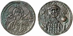 BYZANTINE COINS Copper pattern, Constantinople. AE 4.19 g. IC - XC Facing bust of Christ, holding Gospels. Rev. [ΜΙΧ]ΑΗΛ - ΡΑCΙΛ Ο Δ Facing bust of Michael, wearing crown and loros, holding labarum wi