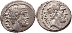 Roman Republican Coinage Q. Servilius Caepio Brutus. Silver Denarius (3.96 g), 54 BC. Rome. BRVTVS, bare head of L. Junius Brutus right. Reverse: AHALA, bare head of Caius Servilius Ahala right. Crawf
