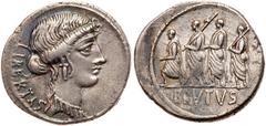 Roman Republican Coinage Q. Caepio Brutus. Silver Denarius (3.86 g), 54 BC. Rome. LIBERTAS behind, head of Libertas right, jewels in hair above forehead. Reverse: BRVTVS in exergue, the consul L. Juni