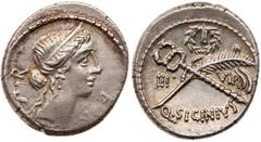 Roman Republican Coinage Q. Sicinius. Silver Denarius (3.82 g), 49 BC. Rome. F[ORT P] R, diademed head of Fortuna Populi Romani right. Reverse: III VIR across field, Q SICINIVS, crossed palm branch an