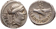 Roman Republican Coinage Albinus Bruti f. Silver Denarius (4.02 g), 48 BC. Rome. PIETAS behind, bare head of Pietas right. Reverse: ALBINVS BRVTI F, clasped hands holding winged caduceus. Crawford 450