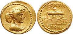 Roman Republican Coinage L. Cestius and C. Norbanus. Gold Aureus (8.00 g), 43 BC. Emergency issue of the Roman Senate. Rome. Draped bust of Africa right, wearing elephant's skin headdress. Reverse: L 