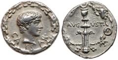 Roman Imperial Coinage Augustus. Silver Denarius (3.72 g), 27 BC-AD 14. Uncertain mint, ca. 17 BC. CA-ES-AR, bare head of Gaius Caesar (or Augustus?) right within oak wreath. Reverse: AVG-VST across f