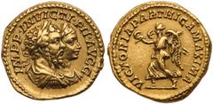 Roman Imperial Coinage Septimius Severus, with Caracalla, as Caesar. Gold Aureus (7.41 g), AD 193-211. Rome, AD 204(?). IMPP INVICTI PII AVGG, Jugate heads of Septimius Severus, laureate, draped and c