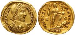 Roman Imperial Coinage Johannes. Gold Solidus (4.47 g), AD 423-425. Ravenna. D N IOHAN-NES P F AVG, diademed, draped and cuirassed bust of Johannes right. Reverse: VICTORI-A AVGGG, emperor standing ri