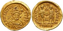 Roman Imperial Coinage Anthemius. Gold Solidus (4.02 g), AD 467-472. Rome. D N ANTHE-MIVS P F AG, diademed, helmeted and cuirassed bust of Anthemius facing slightly right, holding spear over shoulder 