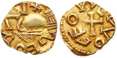 Medieval Invasion Merovingians. Uncertain. Gold Tremissis (0.72 g), ca. 575-650. SEGAVI+ (?), diademed and draped bust right. Reverse: CEOVVEVVO, cross. Prou -; MEC 1, -. Rare. Extremely Fine. Estimat