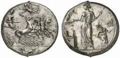 THE BRYAN COOPER COLLECTION OF GREEK COINS SICILY HIMERA Tetradrachm, signed by Mai..., about 409-407 B.C. AR 17.46 g. The nymph Himera driving fast quadriga r.; she is holding reins and kentron; abov