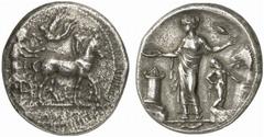 GREEK COINS FROM OTHER PROPERTIES SICILY HIMERA Tetradrachm, about 430-420 B.C. AR 16.44 g. Slow quadriga r., the charioteer is crowned by Nike flying l.; he is wearing sleveless chiton and holds rein