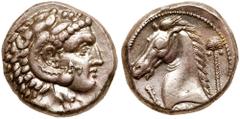 Greek Coinage Sicily, Entella. Silver Tetradrachm (16.78 g), ca. 300-289 BC. Head of Herakles right, wearing lion's skin headdress. Reverse: 'MHMHNT (Neo-Punic), Horse's head left; before neck, uprigh
