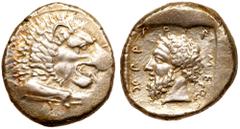 Greek Coinage Lycian Dynasts. Mithrapata. Silver Stater (9.92 g), ca. 390-370 BC. Forepart of roaring lion right. Reverse: MITHRAPATA (in Lycian), Head of Mithrapata left; behind, triskeles; all withi