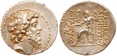 Greek Coinage Seleukid Kingdom. Demetrios II Nikator. Silver Tetradrachm (16.29 g), second reign, 129-125 BC. Antioch on the Orontes. Diademed and bearded head of Demetrios II right. Reverse: BAΣIΛEΩΣ