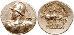 Bactria Baktrian Kingdom. Eukratides I. Silver Tetradrachm (16.96 g), ca. 171-145 BC. Diademed heroic bust of Eukratides I left, wearing crested helmet adorned with bull's horn and ear. Reverse: BAΣIΛ
