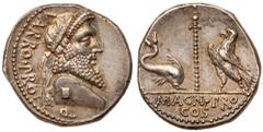 Roman Imperatorial Period Pompey the Great. Silver Denarius (4.00 g), 48 BC. Military mint traveling with Pompey in Greece. Terentius Varro, proquaestor. VARRO PRO Q, diademed bust of Jupiter right. R