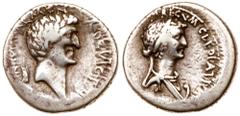 Roman Imperatorial Period Mark Antony & Cleopatra VII. Silver Denarius (3.74 g), 34 BC. Alexandria. [ANTONI] ARMENIA DEVICTA, bare head of M. Antony right; behind, Armenian tiara. Reverse: CLEOPATRAE 