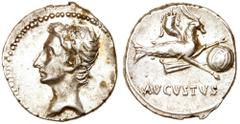 Roman Imperial Coinage Augustus. Silver Denarius (3.86 g), 27 BC-AD 14. Emerita (?), ca. 17/6 BC. Bare head of Augustus left. Reverse: AVGVSTVS, capricorn right, holding globe attached to rudder betwe