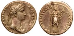 Roman Imperial Coinage Antonia Minor. Silver Denarius (3.68 g), Augusta, AD 37 and 41. Rome, under Claudius, ca. AD 41-45. ANTONIA AVGVSTA, draped bust of Antonia right, hair tied in short queue at ba