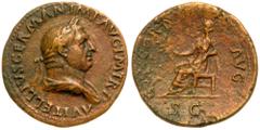 Roman Imperial Coinage Vitellius. Æ Sestertius (22.78 g), AD 69. Rome. A VITELLIVS GERMAN IMP AVG P M TR P, laureate and draped bust of Vitellius right. Reverse: CONCORD AVG, Concordia seated left, ho