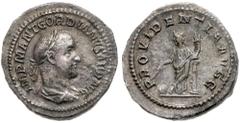 Roman Imperial Coinage Gordian II Africanus. Silver Denarius (3.16 g), AD 238. Rome. IMP M ANT GORDIANVS AFR AVG, laureate, draped and cuirassed bust of Gordian II right. Reverse: PROVIDENTIA AVGG, Pr
