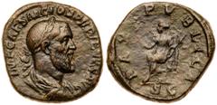 Roman Imperial Coinage Pupienus. Æ Sestertius (18.50 g.), AD 238. Rome. IMP CAES M CLOD PVPIENVS AVG, laureate, draped and cuirassed bust of Pupienus right. Reverse: PAX PVBLICA, S C in exergue, Pax s