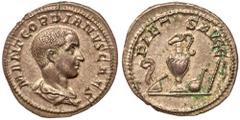 Roman Imperial Coinage Gordian III. Silver Denarius (2.91 g), as Caesar, AD 238. Rome, under Balbinus and Pupienus, AD 238. M ANT GORDIANVS CAES, bare-headed and draped bust of Gordian III right. Reve