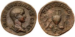 Roman Imperial Coinage Gordian III. Æ Sestertius (22.42 g), as Caesar, AD 238. Rome, under Balbinus and Pupienus. M ANT GORDIANVS CAES, bare-headed and draped bust of Gordian III right. Reverse: PIETA