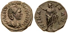 Roman Imperial Coinage Tranquillina. Æ 23 mm (7.44 g), Augusta, AD 241-244. Nicaea in Bithynia. CABEI TPANKVΛΛEINA, diademed and draped bust of Tranquillina right. Reverse: NIKAIEΩN, Serapis standing 