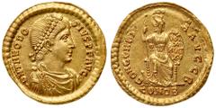 Roman Imperial Coinage Theodosius I, AD 379-395. Gold Solidus (4.47 g). Mint of Constantinople, AD 388-92. Diad. draped and cuirassed bust facing r. Reverse: CONCORDIA AVGG, Constantinopolis seated on