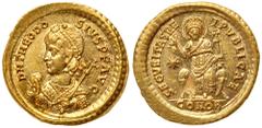 Roman Imperial Coinage Theodosius II, AD 402-450. Gold Solidus (4.46 g). Minted at Constantinople, AD 416. D N THEODO SIVS P F AVG, Rosette diademed, beardless consular bust of Theodosius II facing lf