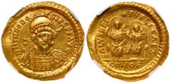 Roman Imperial Coinage Theodosius II, 402-450 AD. Gold Solidus (4.49g). Mint of Constantinople, AD 426-30. Helmeted and cuir. bust three-quarter facing to r., holding spear and shield. Reverse: SALVS 