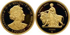 St. Helena St. Helena Elizabeth II (1952-). EIC. Gold Proof Two Ounces of Five Pounds, Una and the Lion, 2021. Struck in 999.9 fine gold. Bust of crowned Queen, her head to the right, JC initials behi