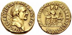 ANCIENT COINS ROMAN EMPIRE Vespasianus, 69-79 No.: 48 Schätzwert/Estimate: CHF 9000 Aureus 71, Lugdunum. IMP CAESAR VESPASIANVS AVG TR P Laureate head to r. Rev. TITVS ET DOMITIAN CAESARES PRIN IVEN T