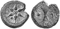 Ancient Coins GREEK WORLD Etruria No.: 10 Schätzwert/Estimation: CHF 100.- Uncertain mint. Aes 4th/3rd cent. Wheel of five spokes. Rev. Bipennis. 9,87 g. SNG Cop. 32. Green patina. Edge fault. Very fi