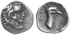 Ancient Coins GREEK WORLD Arcadia No.: 117 Schätzwert/Estimation: CHF 400.- Stymphalus. Obol beginning 4th century. Youthful head of Heracles in lion's skin to r. Rev. STUMFALI(ON) Head and neck of cr