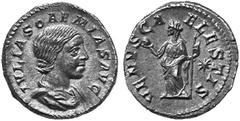 Ancient Coins ROMAN EMPIRE For Julia Soaemias. No.: 295 Schätzwert/Estimation: CHF 200.- Denarius 218/222, Rome. IVLIA SOAEMIAS AVGVSTA Bust, draped, to r. Rev. VENVS CAELESTIS Venus standing to l. wi