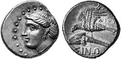 GREEK COINAGE Paphlagonia No.: 253 Schätzwert/Estimate: CHF 200.- Drachm 333/306. Head of Sinope to l. Rev. SINW Sea eagle to l. on dolphin, DIO in r. field. 5,01 g. BMC 15var. Obv. somewhat off-centr