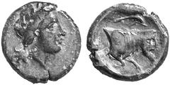 ANCIENT COINS GREEK COINAGE Campania Neapolis. No.: 4014 Schätzwert/Estimate: CHF 50.- d=16 mm Aes 270/250. Laureate head of Apollo r. Rev. Forepart of man-headed bull r. 2,77 g. SNG Cop. 478. Green p