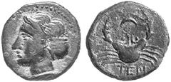 ANCIENT COINS GREEK COINAGE Bruttium Terina. No.: 4075 Schätzwert/Estimate: CHF 200.- d=16 mm Aes 4th century. Head of nymph l. Rev. Crab, crescent above, TEPI below. 2,63 g. SNG Cop. 2037. Green pati
