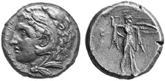 ANCIENT COINS GREEK COINAGE Sicily Syracuse. No.: 4107 Schätzwert/Estimate: CHF 100.- d=24 mm During the Expedition of Pyrrhus. Aes 278/275. Head of Heracles wearing lion's skin l. Rev. Athena standin