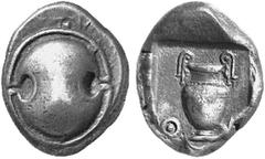 ANCIENT COINS GREEK COINAGE Boeotia Thebes. No.: 4138 Schätzwert/Estimate: CHF 500.- d=24 mm Stater 426/395. Boeotian shield. Rev. Amphora with decorative handles between Q - E. 12,22 g. SNG Cop. 285.